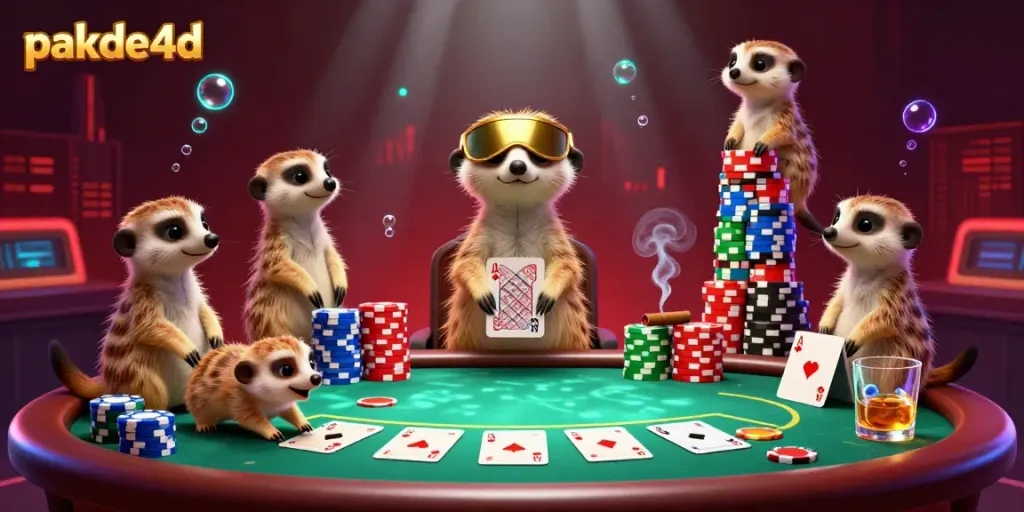 Experience pakde4d's thrilling casino adventure with meerkats managing poker games and vibrant chips.