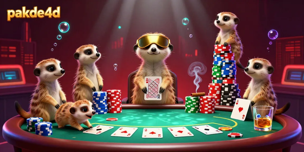 Experience pakde4d's thrilling casino adventure with meerkats managing poker games and vibrant chips.