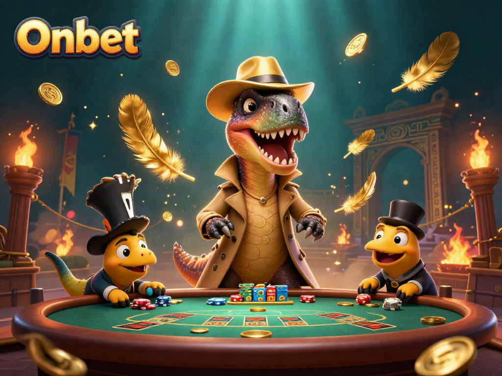 Onbet gambling scene with a cartoon velociraptor card counter at a blackjack table, vibrant casino atmosphere.