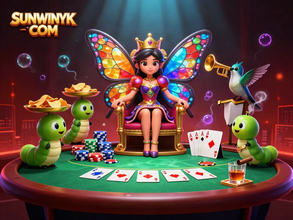 Experience the vibrant gameplay of SUNWINYK COM with a butterfly queen in a lavish casino setting.