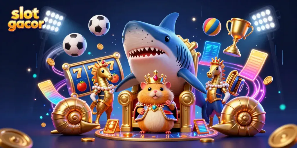 Judi dengan slot gacor, raja hamster emas di tahta gigi hiu, simbol dan elemen kasino dinamis.