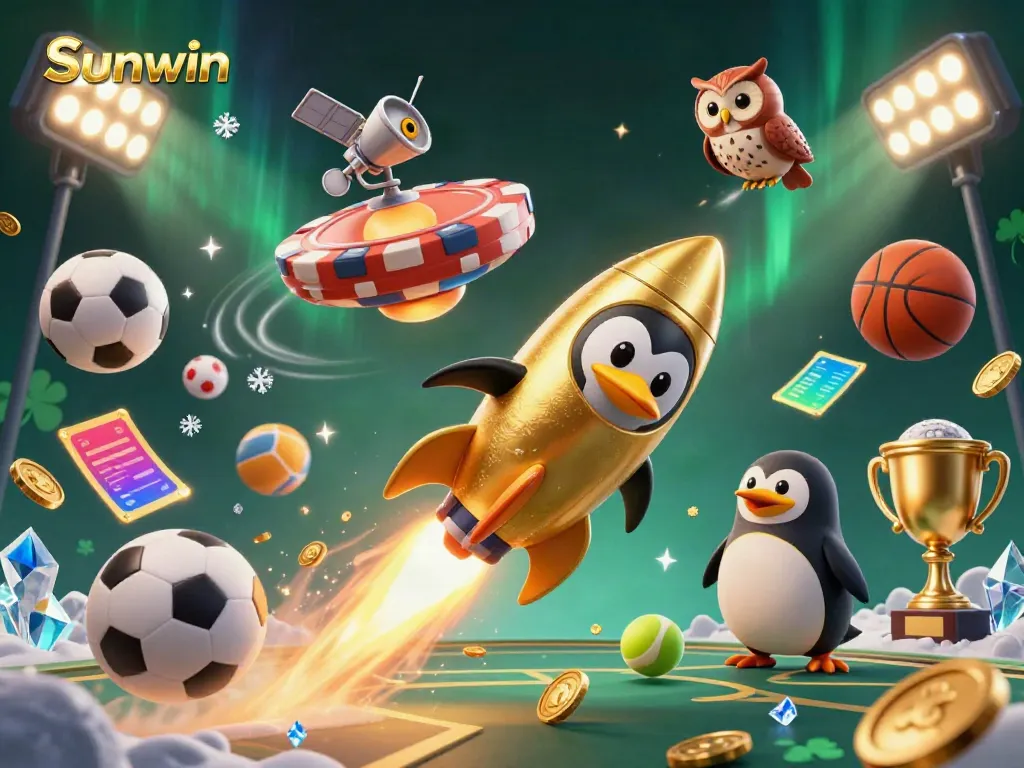 Engage with Sunwin's thrilling casino experience, featuring a golden penguin and vibrant game elements.
