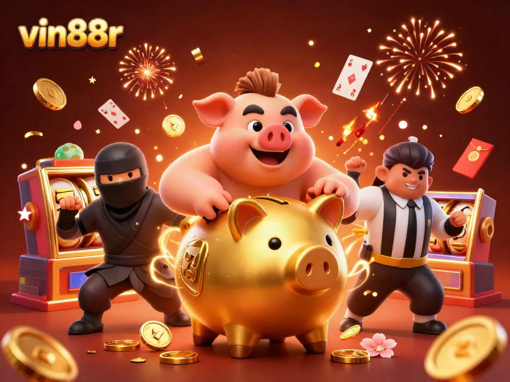 Experience winning at slots with vin88r's thrilling casino games featuring playful characters and exciting elements.