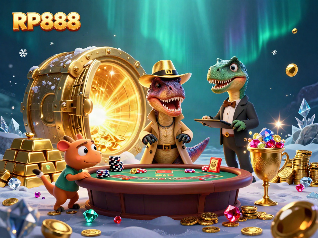 RP888 offers thrilling gaming with a velociraptor card counter at a vibrant casino table.