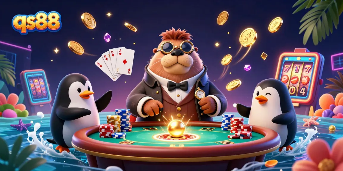 Experience exciting gambling action with qs88 at an underwater poker table featuring unique characters.