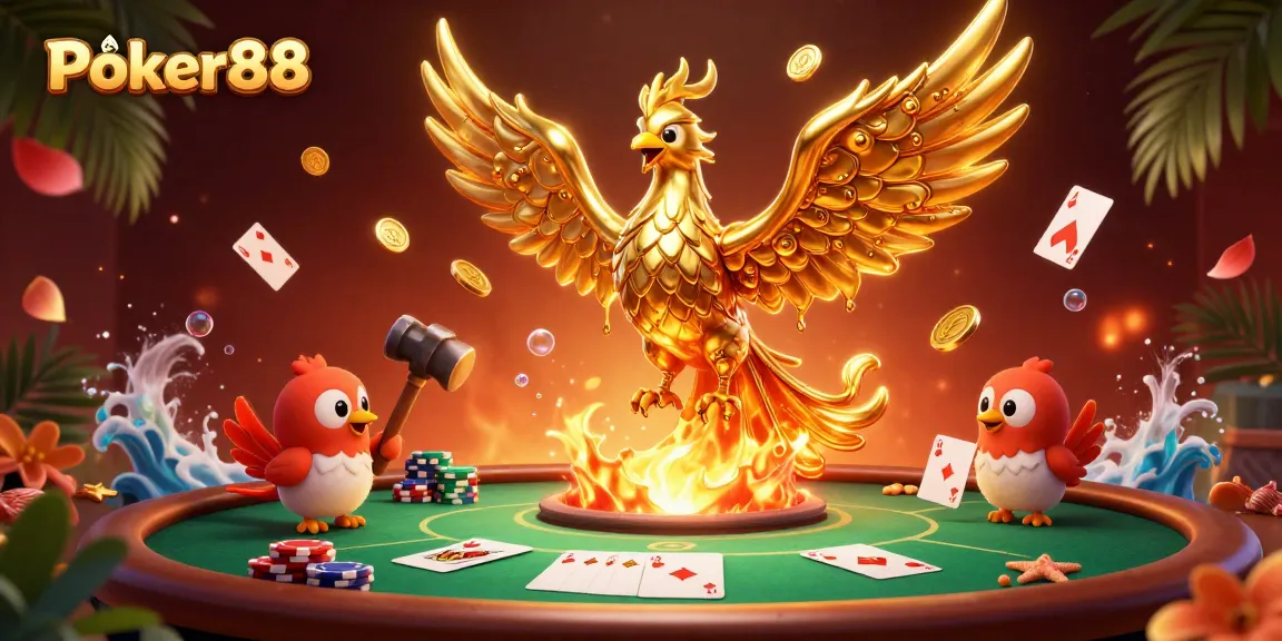 Play poker at Poker88 with an energetic scene featuring a glowing phoenix and poker elements.