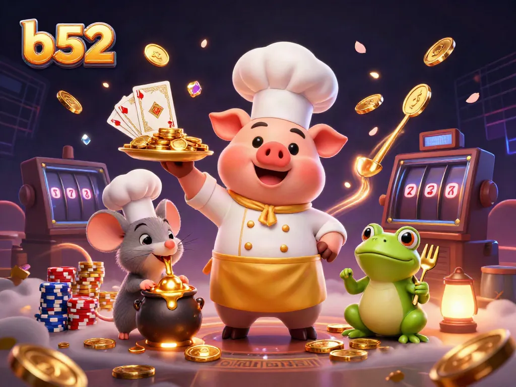 Experience thrilling gameplay at b52 with 3D characters and vibrant casino elements in this dynamic illustration.