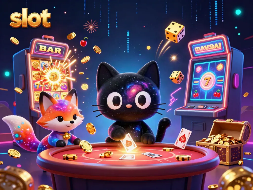 Engaging 3D scene of a cosmic cat and nebula fox, showcasing thrilling slot action and casino excitement.