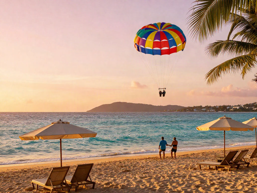 Couple parasailing at a beach sunset, showcasing qris slot leisure experience.