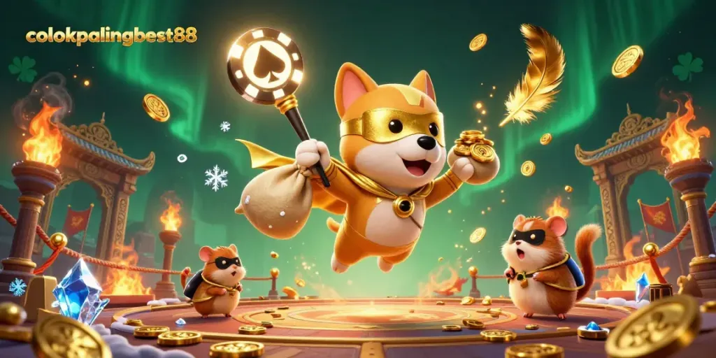 Engage with colokpalingbest88 in this vibrant 3D illustration featuring a superhero dog navigating a thrilling casino atmosphere.