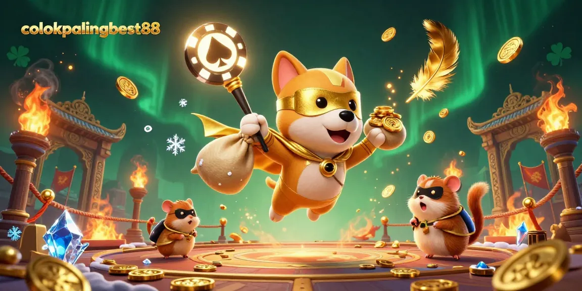 Engage with colokpalingbest88 in this vibrant 3D illustration featuring a superhero dog navigating a thrilling casino atmosphere.