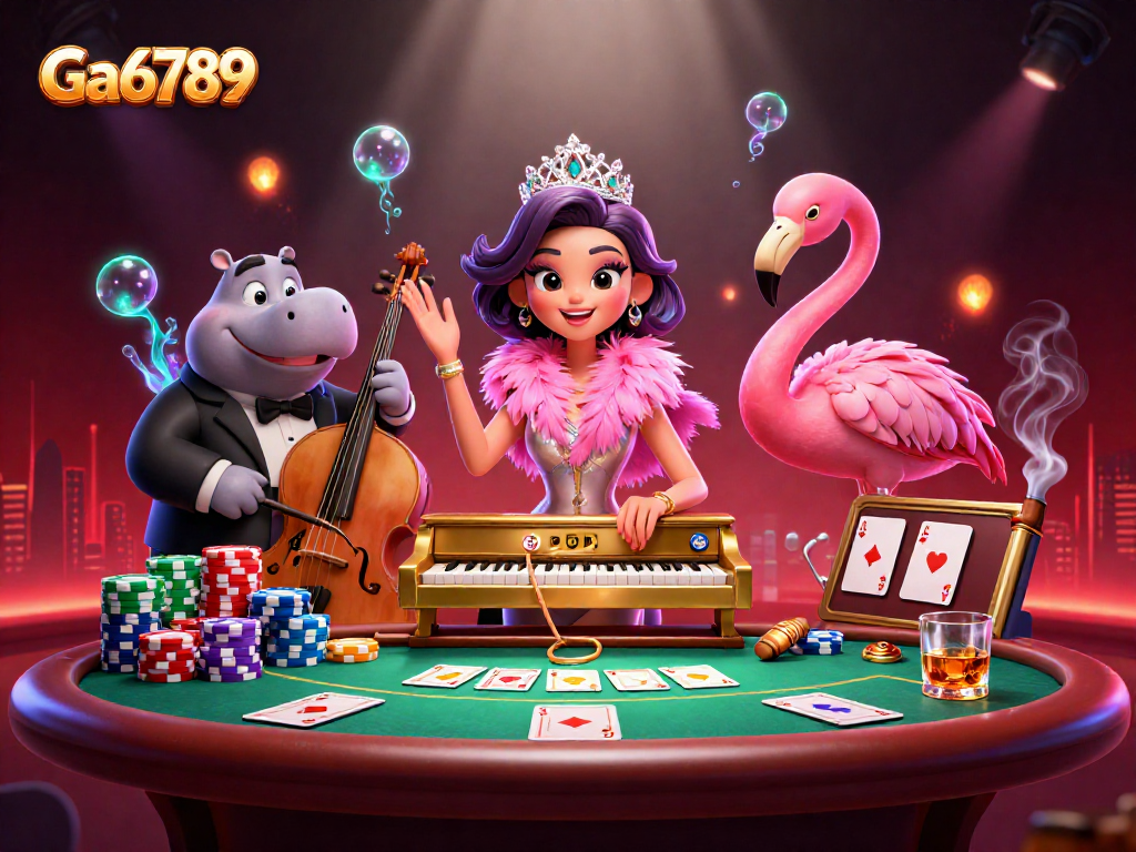 Experience vibrant casino entertainment with Ga6789 featuring a flamingo singer and hippo bassist.