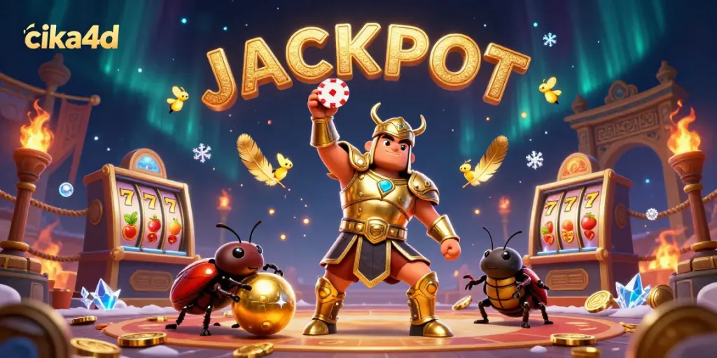 Cika4d showcases a winning moment with a beetle in armor and slot machines in a lively casino scene.