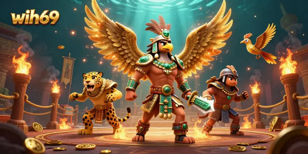 Menangkan permainan dengan wih69, melihat pejuang Aztec dalam arena bertarung berkilau.