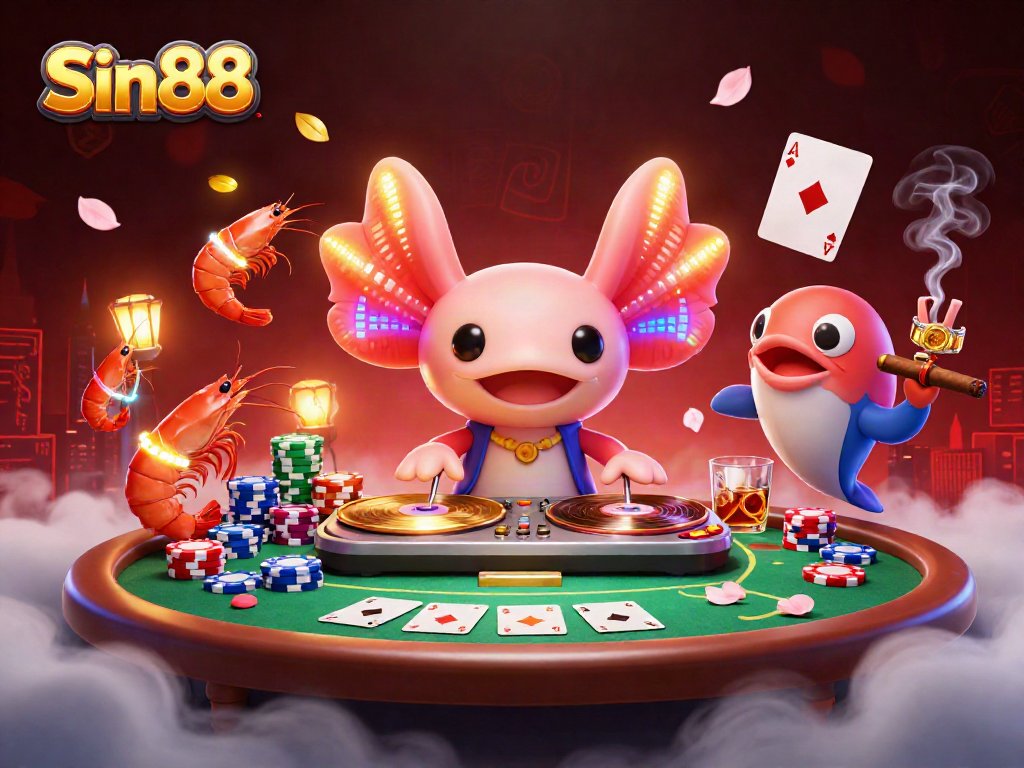 Sin88 features a neon axolotl DJ spinning records at a vibrant poker scene.