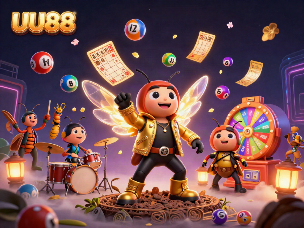 Experience UU88's vibrant gaming atmosphere with a rock star cicada and lively lottery elements.