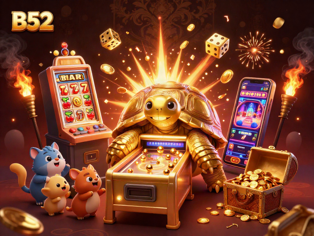 B52 themed casino illustration showing a golden tortoise pinball machine and slot machine jackpot.
