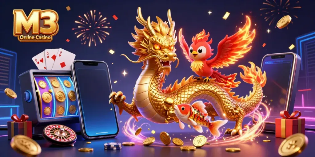 Experience thrilling gameplay at M3 Online Casino with vibrant 3D characters and casino elements.