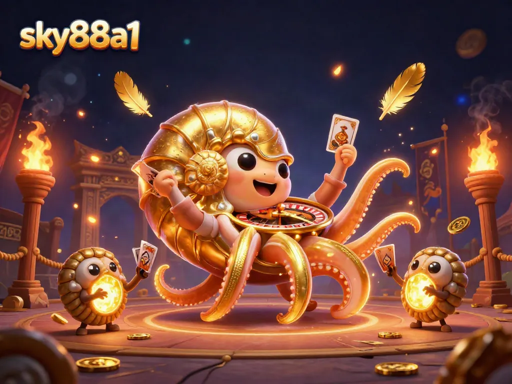 Engage in thrilling slots at sky88a1 featuring a giant nautilus, roulette, and glowing treasures.