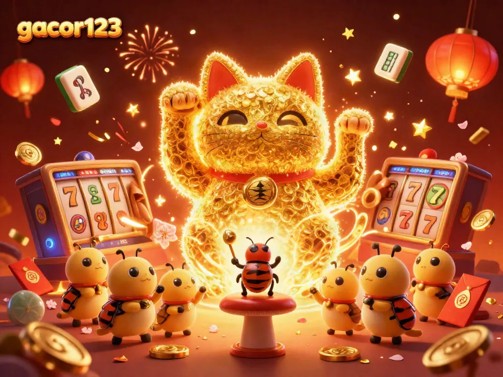 Spin and win with gacor123 as a golden lucky cat leads a vibrant casino celebration.