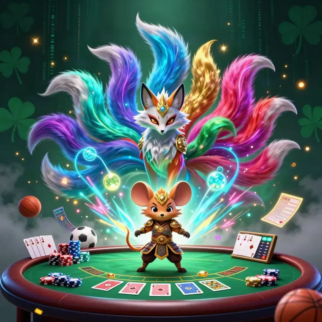 Nine-tailed neon fox spirit and samurai mouse amid casino props and glowing effects