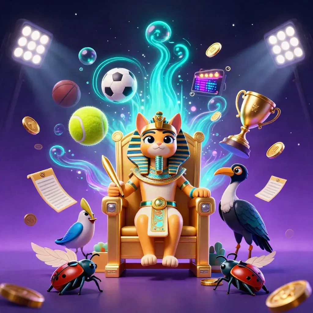 Pharaoh cat, ibis scribe and gem-winged scarabs amid flying sports balls and neon arena light.