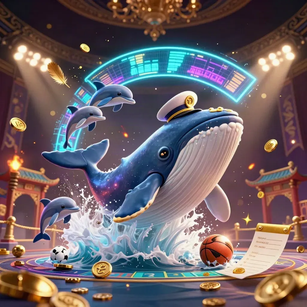 Whale, narwhal, and dolphins amid casino coins, soccer ball, and golden light in a dark neon arena.