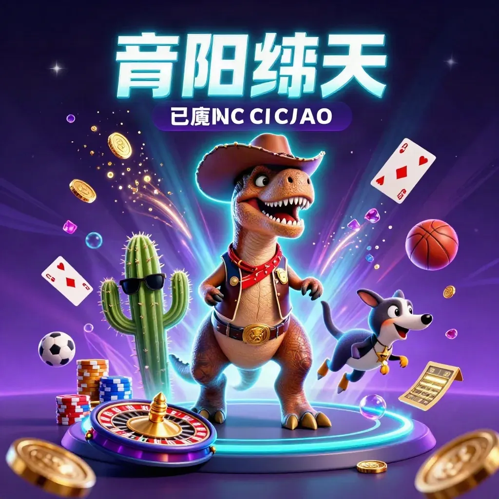 Cowboy T-Rex, cactus sidekick, and roadrunner amid neon casino coins, chips, cards, and cosmic effects.