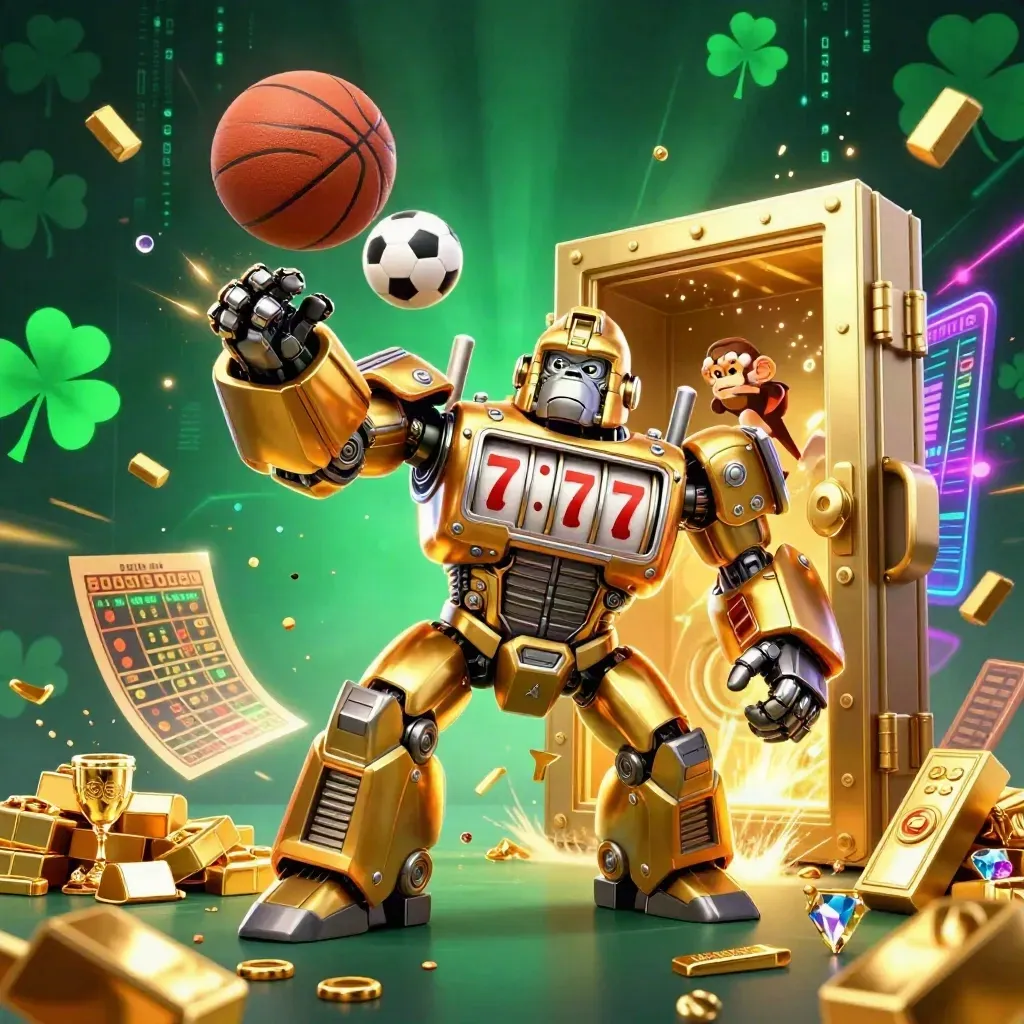 Golden gorilla mech with monkey pilot amid vault loot, balls, neon energy, and casino lights.