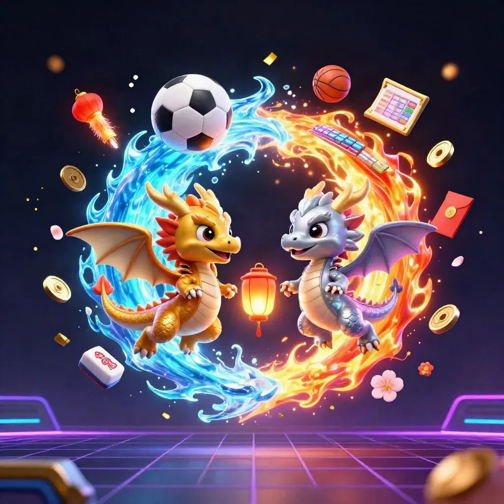 Gold and silver dragons spiral with balls, lanterns, coins, and sparks in neon casino light.