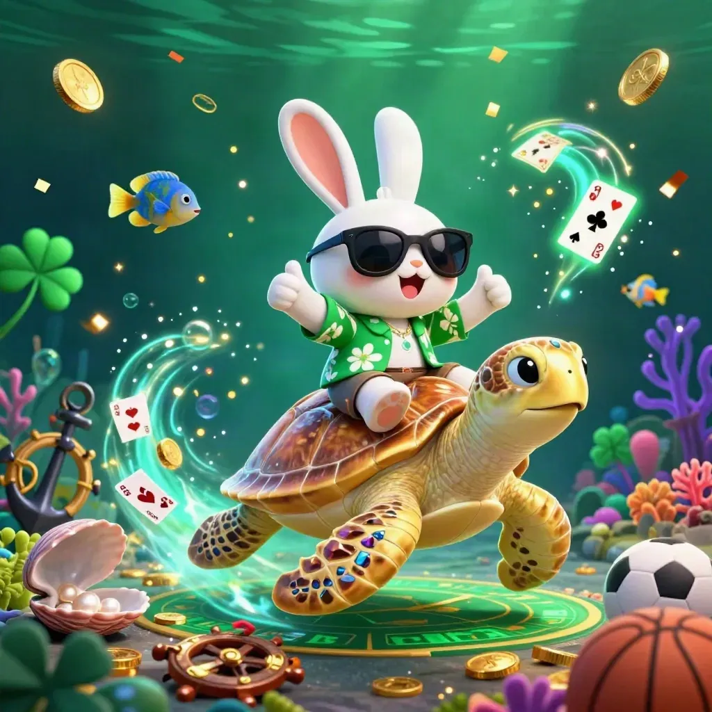 Lucky rabbit rides a gem-shell turtle through a neon treasure cove with cards, coins, fish, and sparkles.