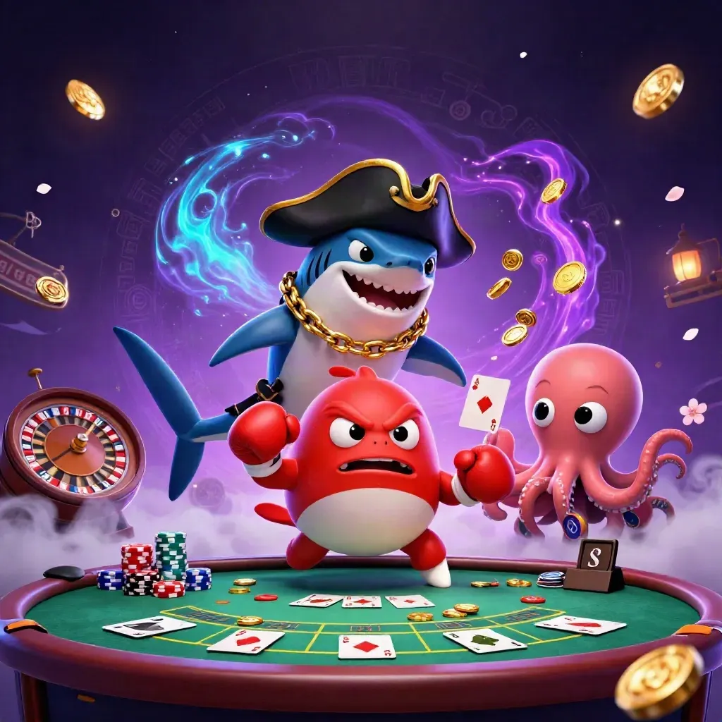 Pirate shark, boxing pufferfish, and coin-juggling octopus amid neon casino chaos.