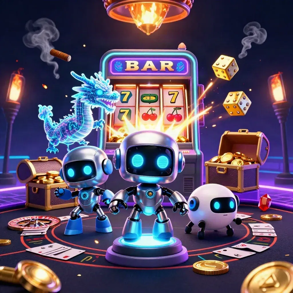 Cyberpunk robot, holographic dragon, drone, slot machine burst, roulette wheel, gold, neon casino glow
