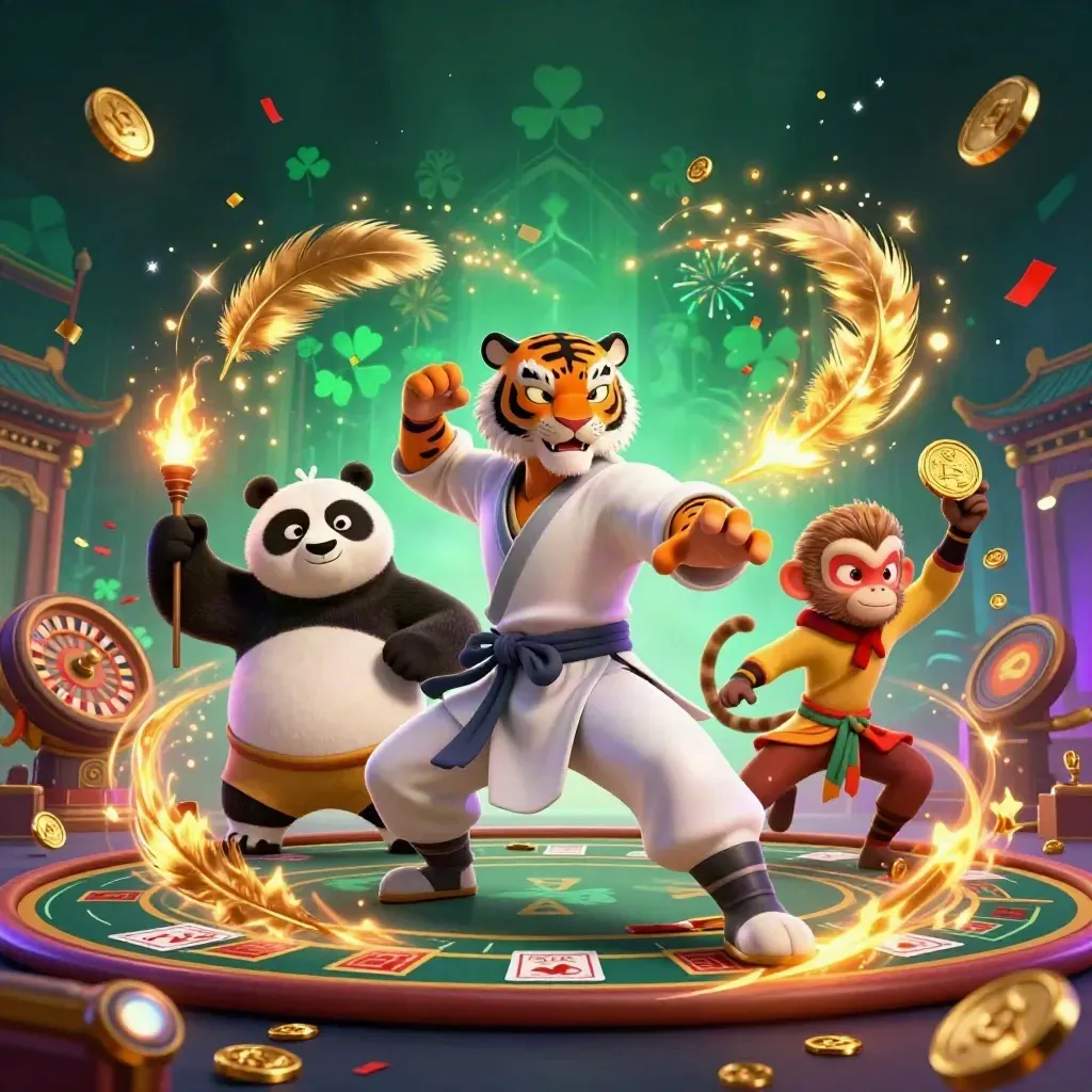 Kung-fu tiger, panda, and monkey in a neon casino-temple with coins, fireworks, and roulette glow