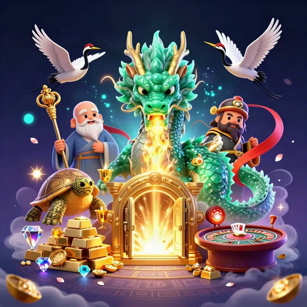 Jade dragon, turtle sage, and cranes amid a vault of gold and glowing casino magic.