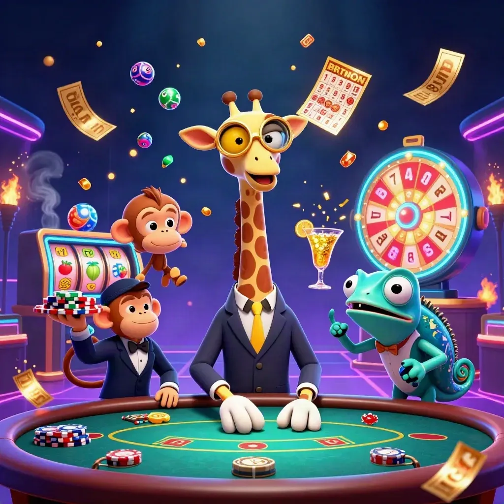 Giraffe, monkey, and chameleon casino heroes amid neon chips, balls, and golden tickets.