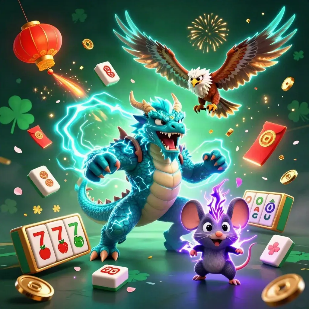 Thunder dragon, wind hawk, and static mouse amid neon casino treasure explosions.