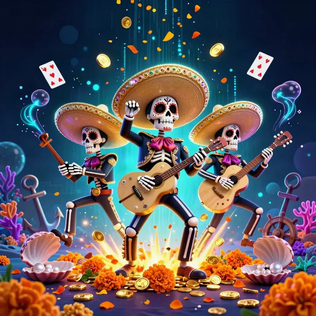 Three skeleton mariachi musicians in a glowing treasure cove with coins, coral, and petals