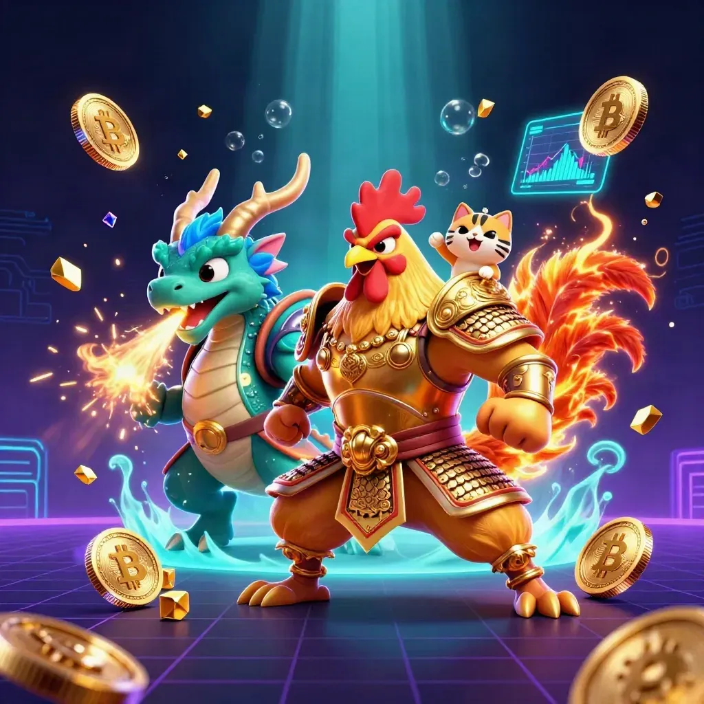 Golden rooster warrior, spark-breathing hatchling, and fortune cat amid neon crypto effects.