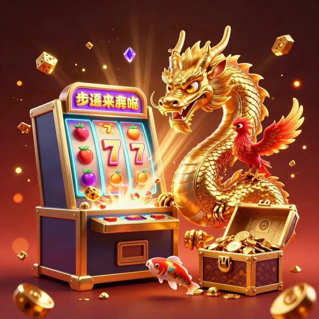Golden dragon with phoenix and koi amid exploding casino treasure and glowing slot icons.