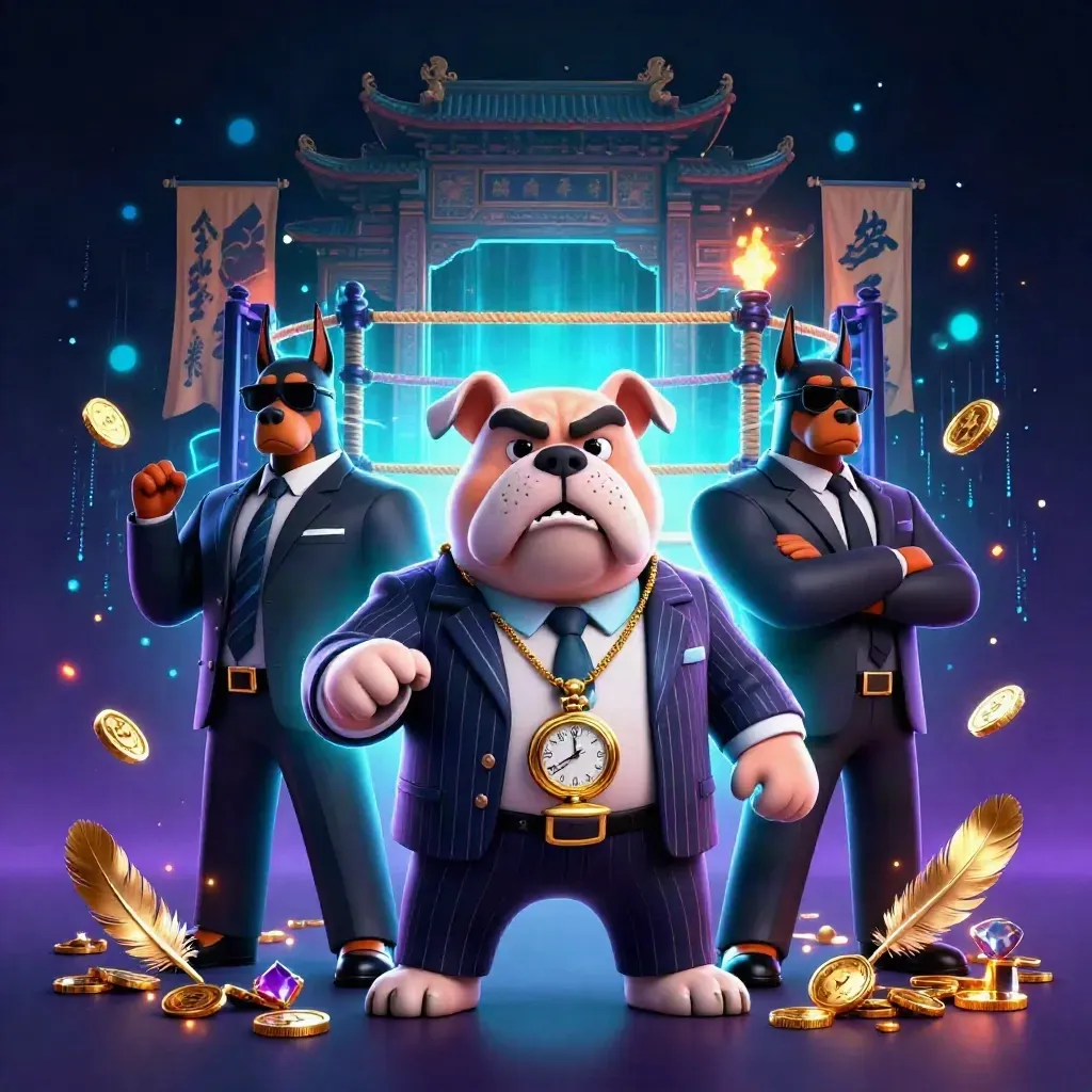 Bulldog mob boss with two Dobermans amid neon cyan casino chaos and temple-ring sparks