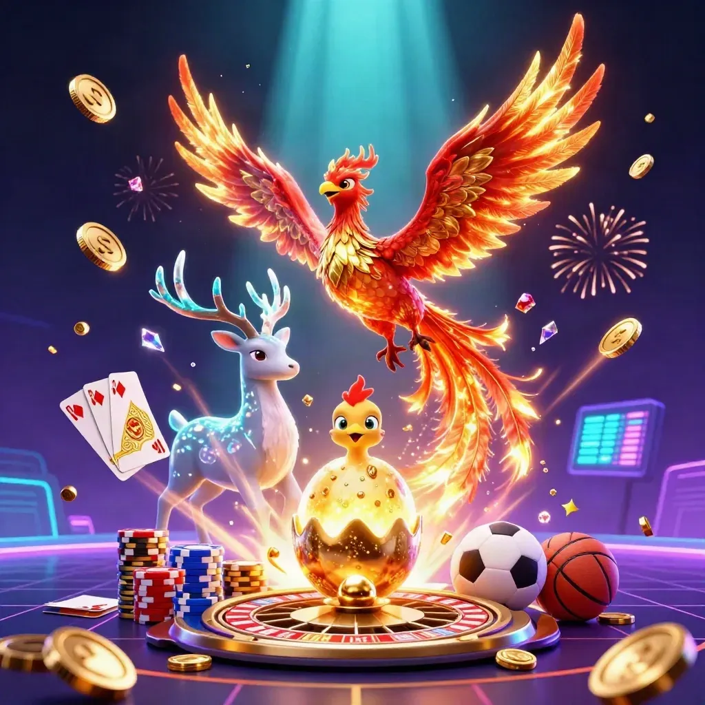 Phoenix, hatchling, and crystal stag amid coins, cards, chips, roulette wheel, and neon casino glow.