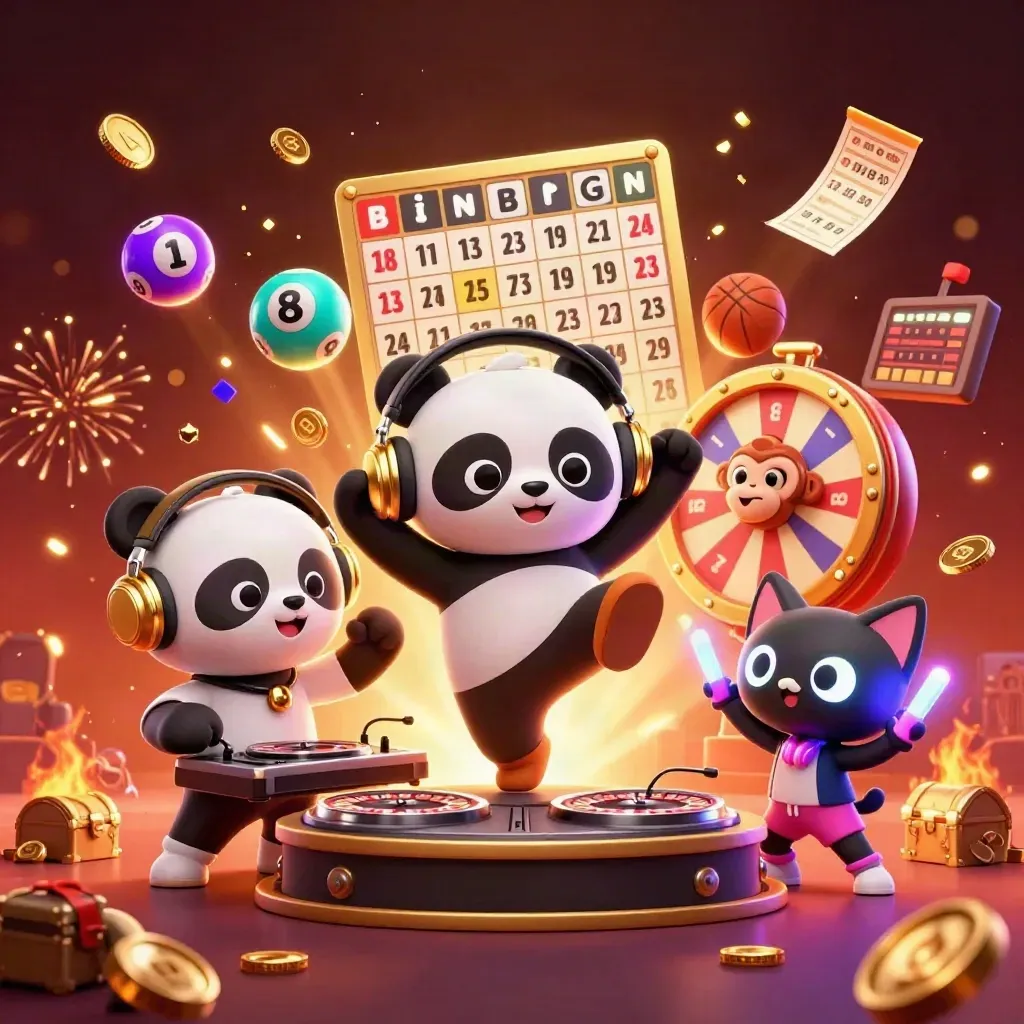 Panda DJ, breakdancing monkey, and glow-stick kitten amid neon casino fireworks and flying gold coins.