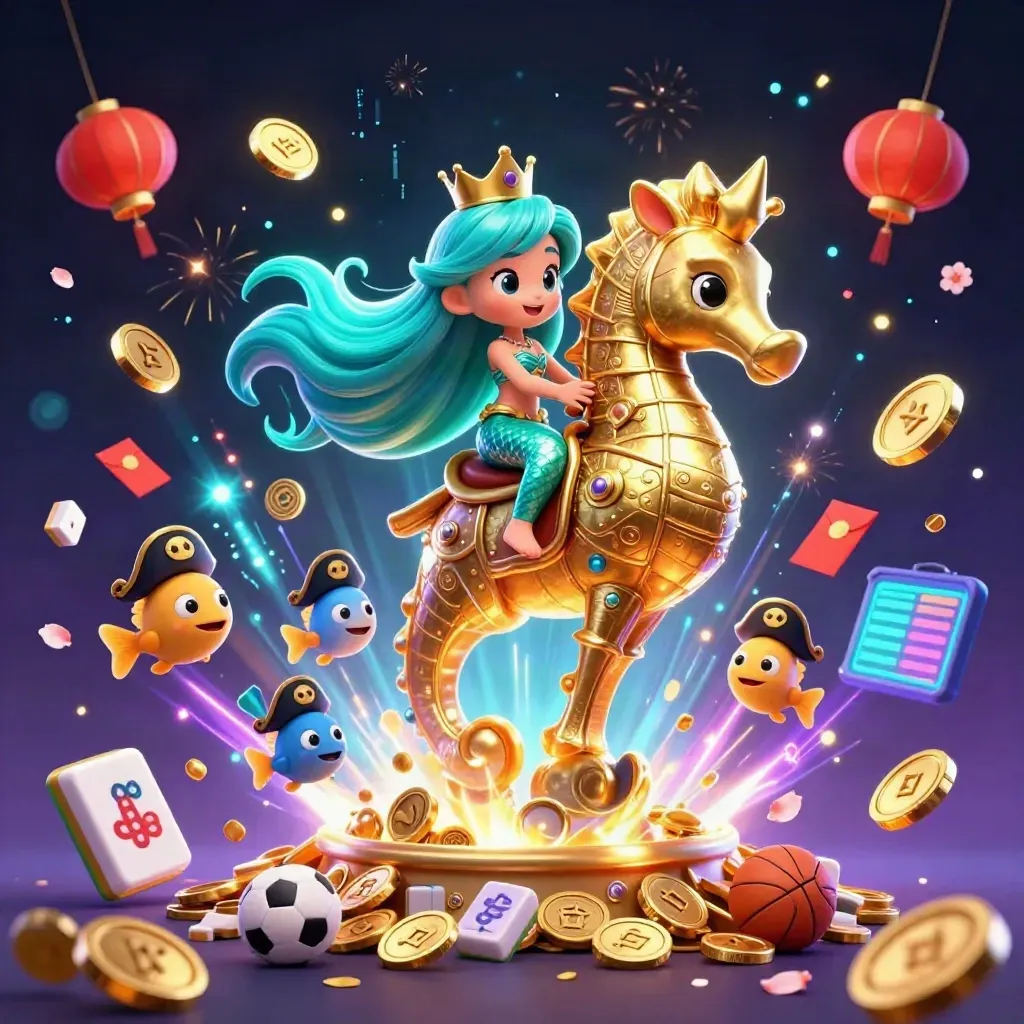 Mermaid princess on golden seahorse amid coins, fireworks, lanterns and neon casino effects.