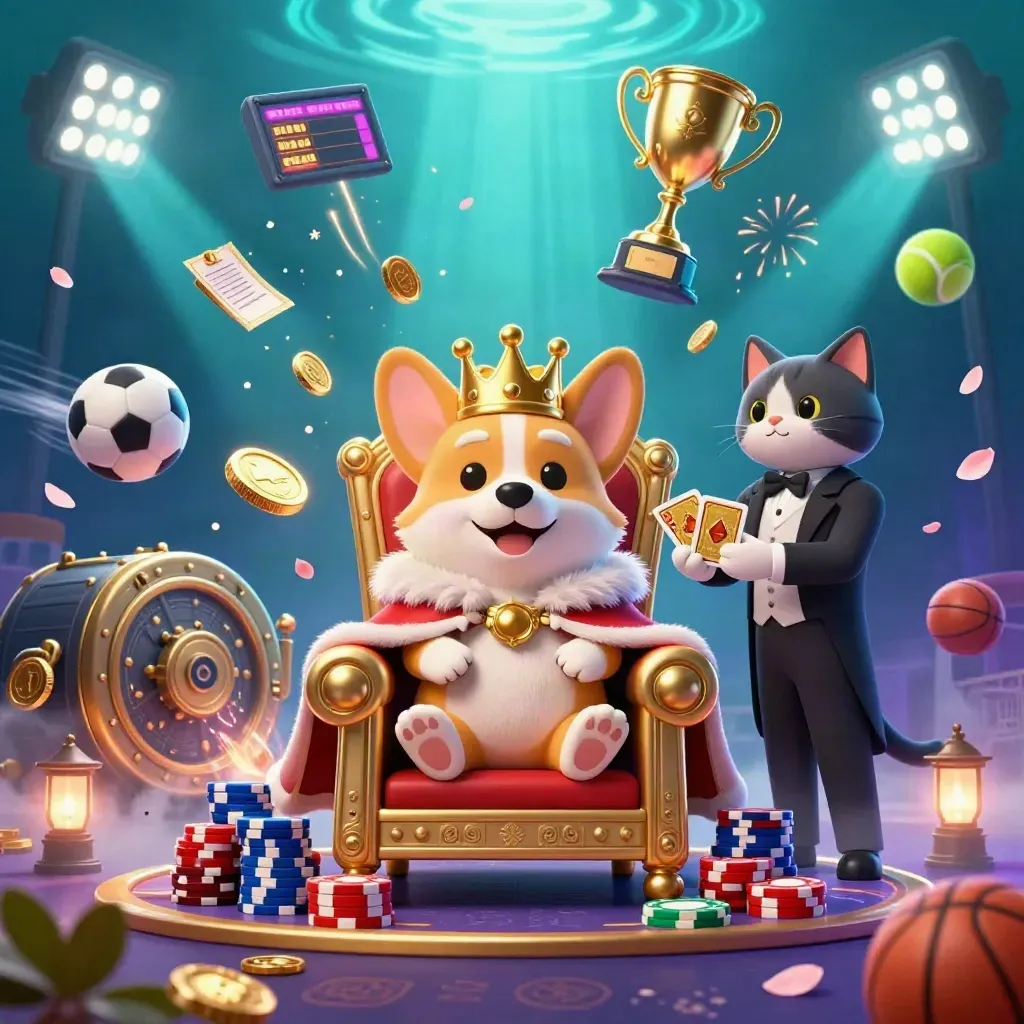 Royal corgi and cat butler amid coin burst, balls, trophy, fireworks in neon casino arena