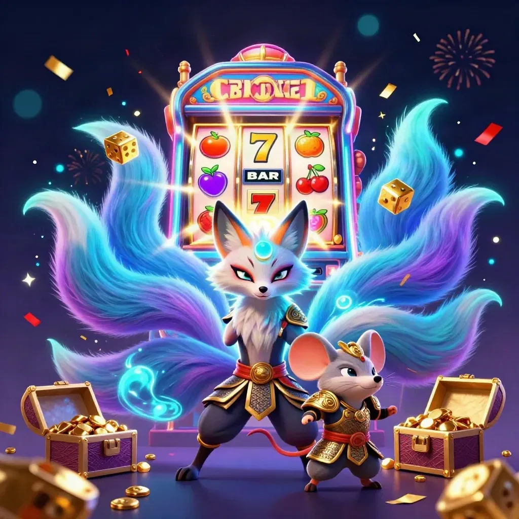 Neon nine-tailed fox spirit with mouse knight, slot symbols, dice, and jackpot glow in a dark arena.