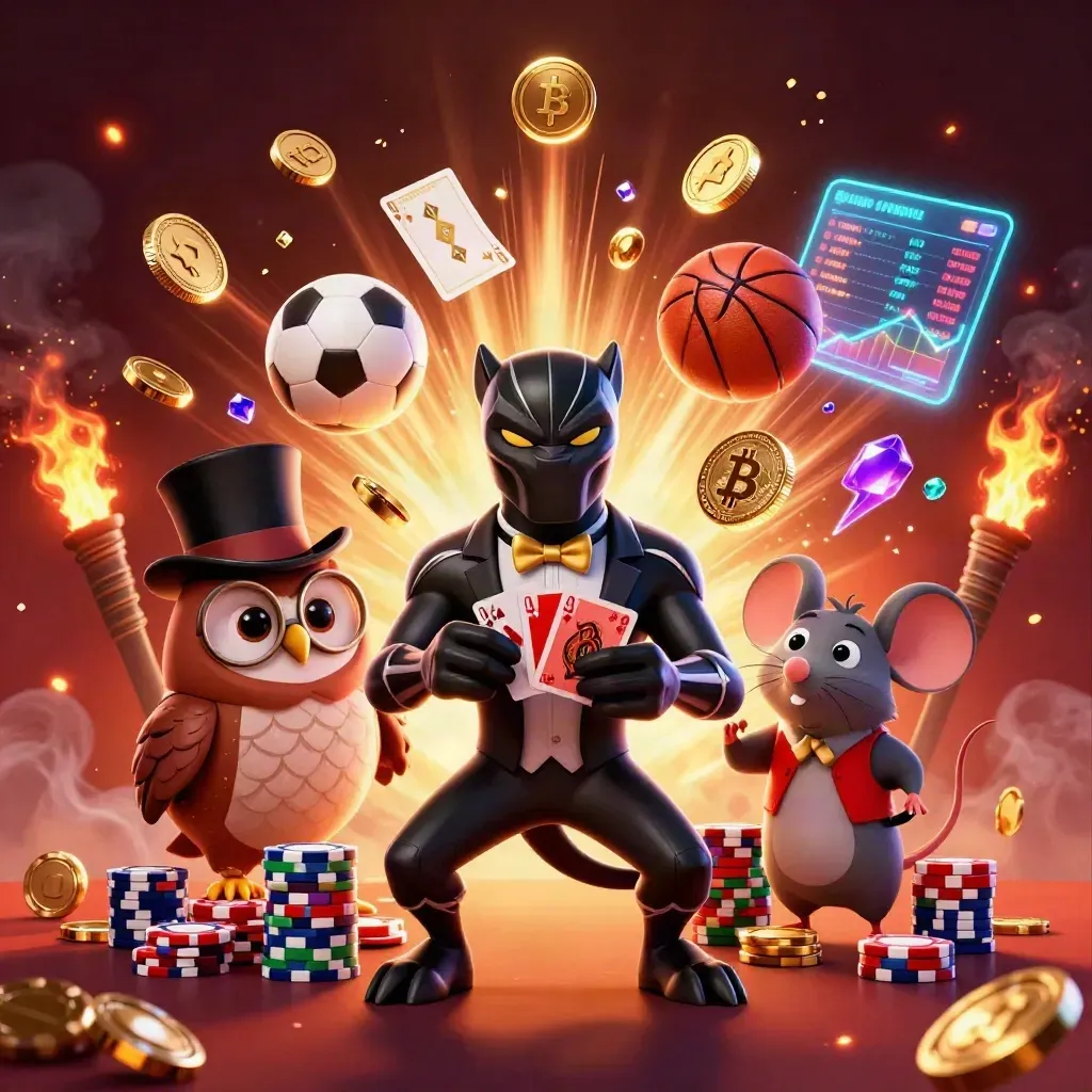 Black panther, owl, and mouse amid bursting gold coins, sports gear, and neon casino effects