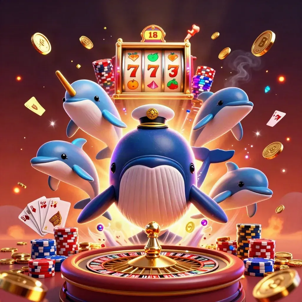 Whale captain and sea creatures burst from coins amid casino lights and chips.