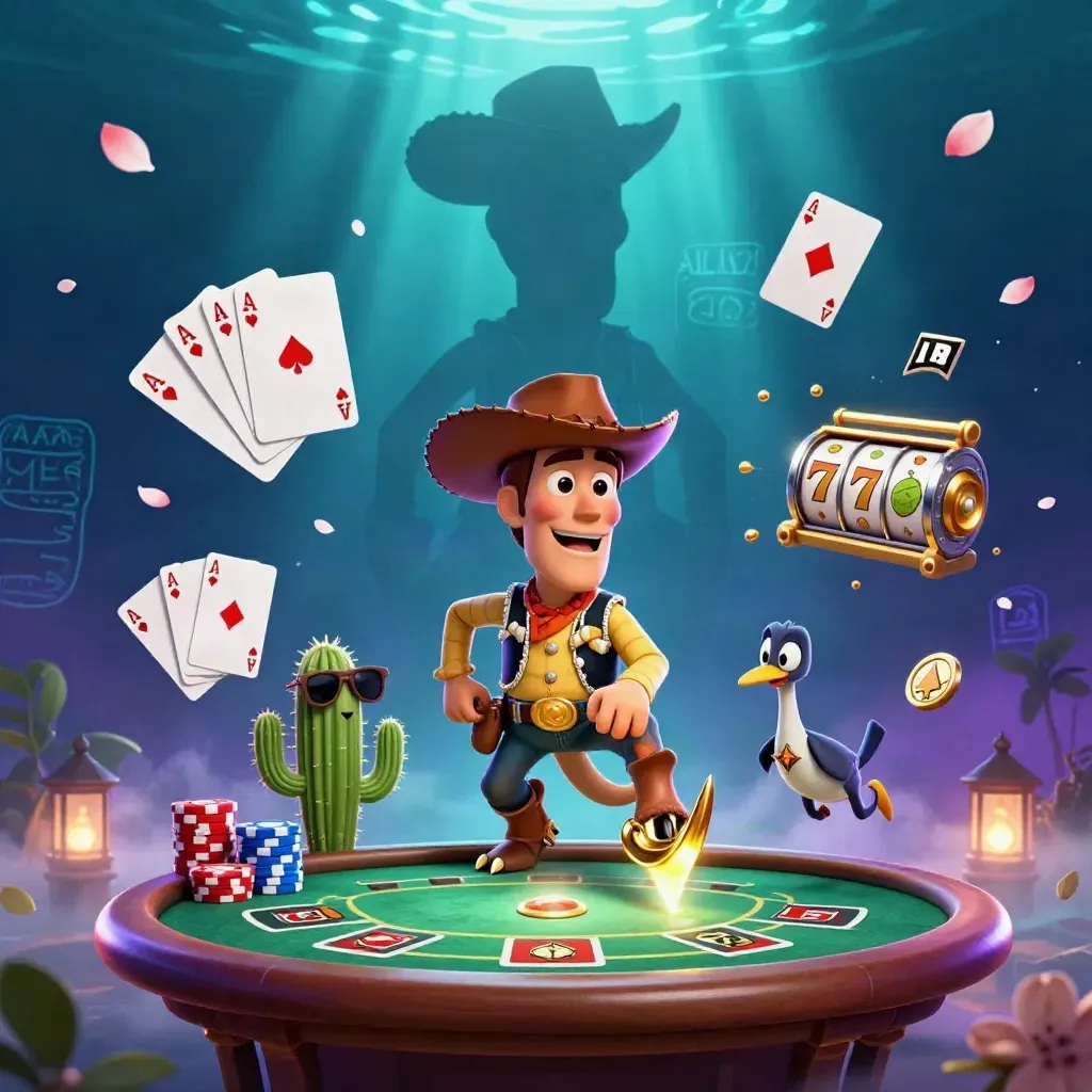 Cowboy T-Rex, cactus sidekick and roadrunner amid poker chips and neon casino effects.