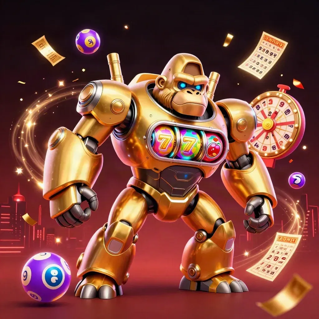 Golden gorilla slot mech with a tiny monkey pilot amid reels, lottery balls, prize wheel, tickets, and purple glow.